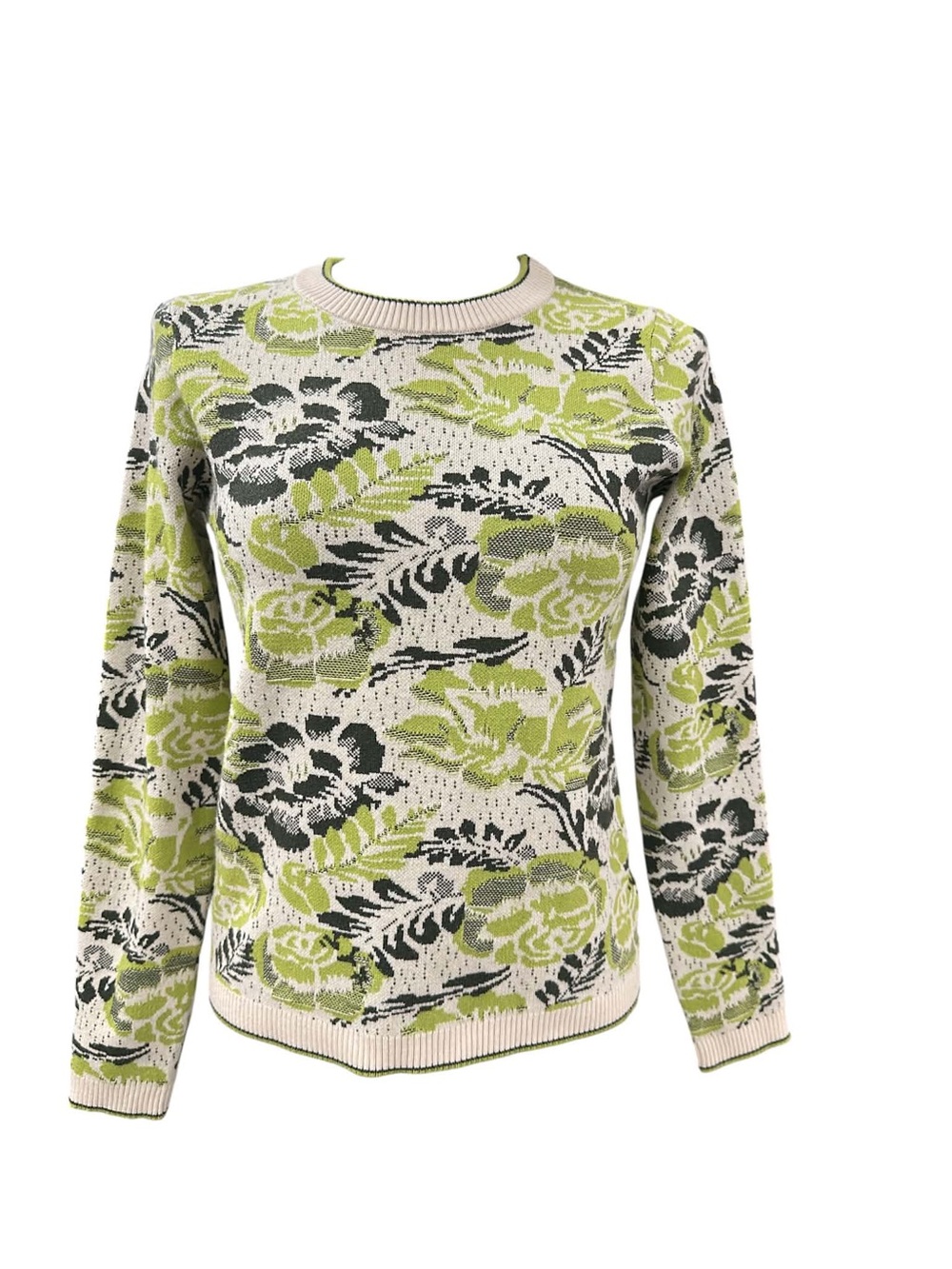 Joie Floral Jacquard Crewneck Sweater in Lime Green, Dark Green and Cream Size S